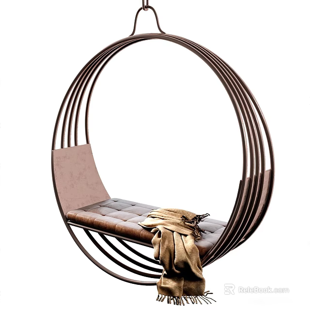 Stylish Circular Hanging Chair With Metal Frame Brown Padded Seat And Beige Blanket 3d model 