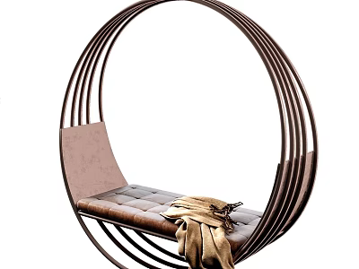 Stylish Circular Hanging Chair With Metal Frame Brown Padded Seat And Beige Blanket 3d model