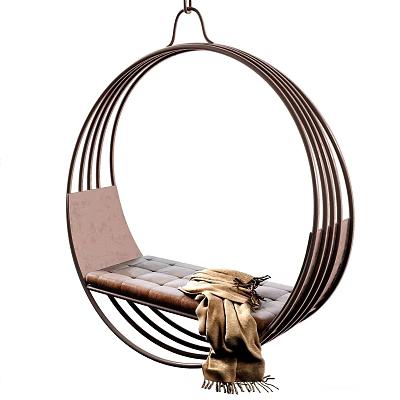 Stylish Circular Hanging Chair With Metal Frame Brown Padded Seat And Beige Blanket 3d model