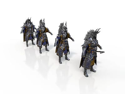 Four Fantasy Armored Characters As Creatures With Detailed Armor And Weapons 3d model
