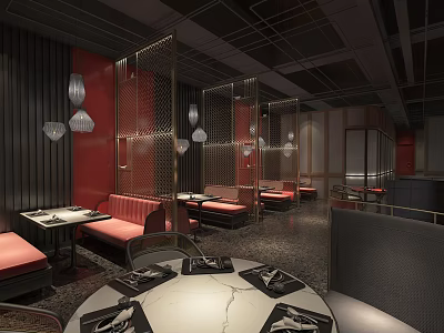 Elegant Modern Restaurant Interior Design Featuring Banquette Seats Dining Tables Pendant Lights And Decorative Screens 3d model
