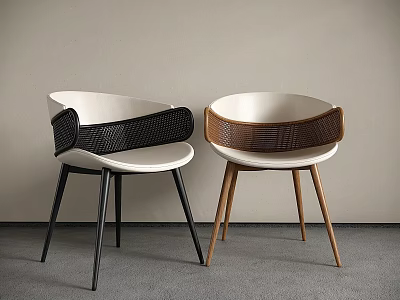 Modern White Dining Chairs With Black And Brown Woven Armrests And Black Wooden Legs 3d model