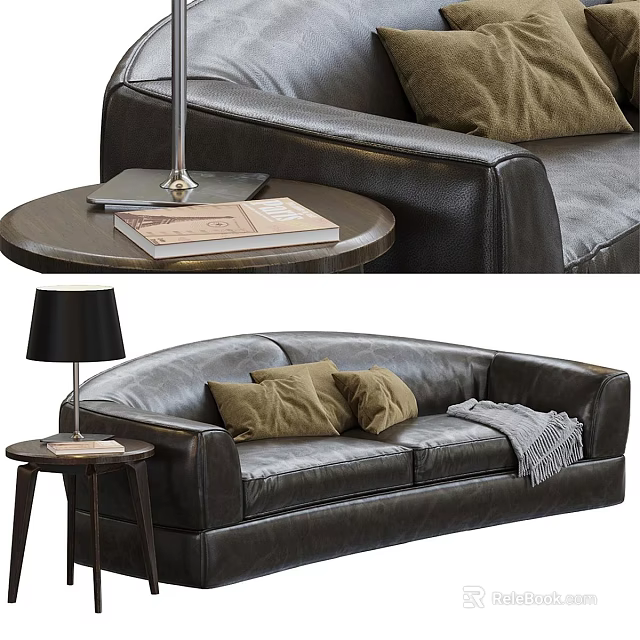 Dark Brown Leather Two Seater Sofa With Brown Cushions Gray Throw Blanket And Wooden Side Table With Lamp 3d model 