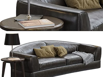 Dark Brown Leather Two Seater Sofa With Brown Cushions Gray Throw Blanket And Wooden Side Table With Lamp 3d model