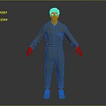 Man in Green Overalls Standing with Hands Naturally Hanging Down on Gray Background