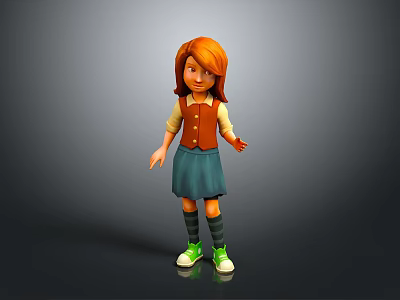 Red Haired Girl In Yellow Top Brown Vest Blue Skirt Green Shoes And Gray Background 3d model