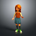Red Haired Girl In Yellow Top Brown Vest Blue Skirt Green Shoes And Gray Background