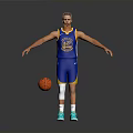 Basketball Player Wearing Blue Warriors Jersey With Basketball And White Knee Pads