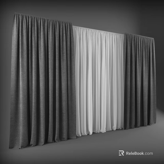 Gray And White Double Layer Curtains With Sheer Middle And Opaque Sides 3d model 