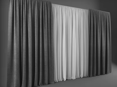 Gray And White Double Layer Curtains With Sheer Middle And Opaque Sides 3d model