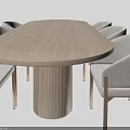 Minimalist Dining Table Set With Oval Light Colored Tabletop And Six Light Gray Upholstered Chairs 3d model