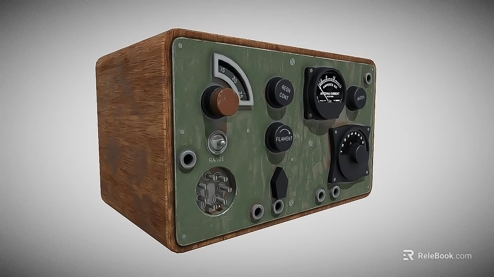 Vintage Electronic Device With Wooden Case Green Panel Knobs And Gauge 3d model
