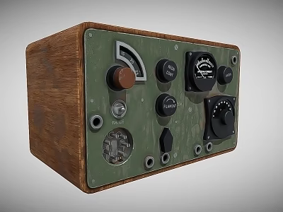 Vintage Electronic Device With Wooden Case Green Panel Knobs And Gauge 3d model