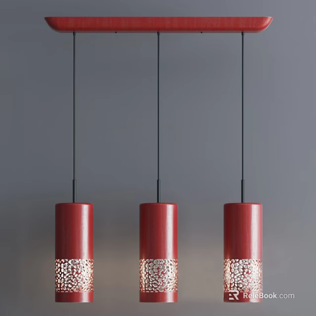 Red Cylindrical Pendant Lights With Perforated Patterns Hanging Against Gray Background Wall 3d model
