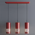 Red Cylindrical Pendant Lights With Perforated Patterns Hanging Against Gray Background Wall 3d model