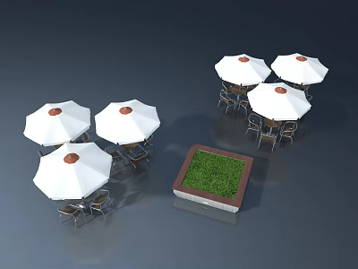 Outdoor Patio Furniture Setup With White Umbrella Tables And Green Grass Area 3d model