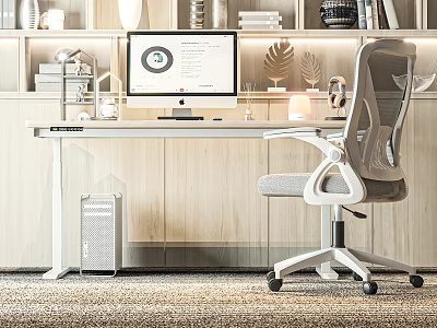 Modern Home Office Desk and Chair Set with Mesh Backrest Computer Monitor and Wooden Cabinets 3d model