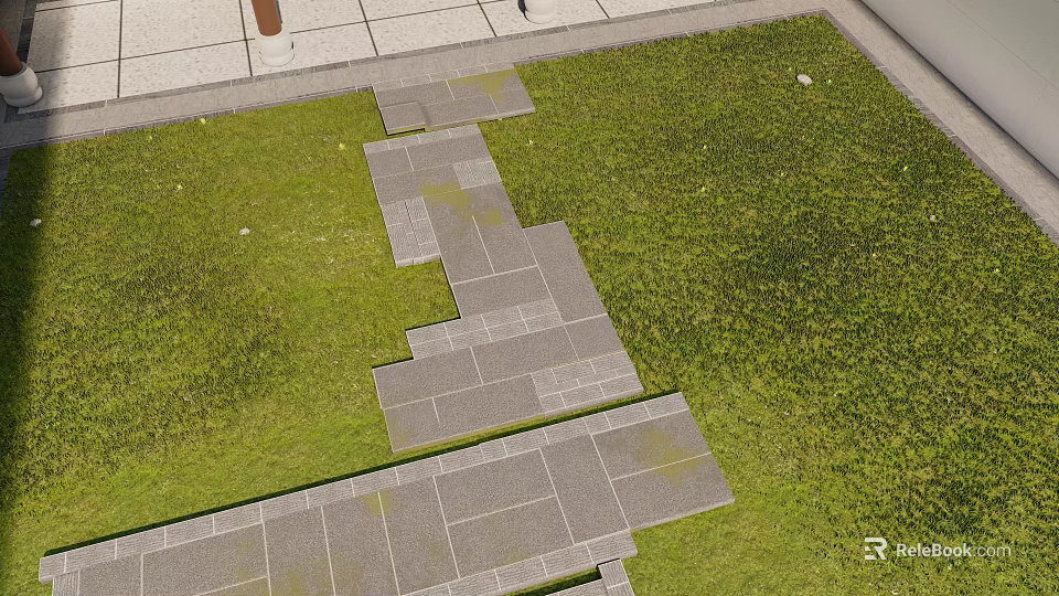 Green Grass Lawn With Irregular Gray Stone Path And Paving Slabs 3d model