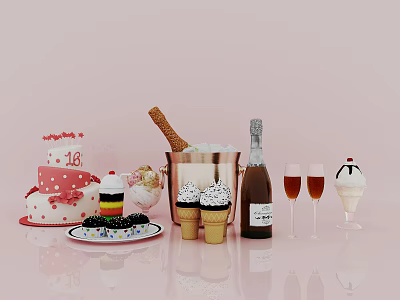 Delicious Assorted Celebration Food With Cake Ice Cream Cones Cupcakes And Champagne 3d model