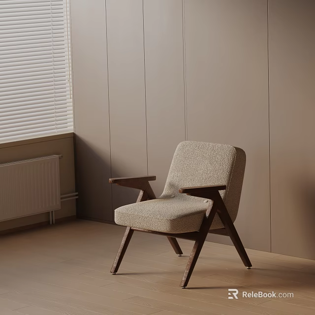 Comfortable Beige Fabric Leisure Chair With Wooden Legs In Modern Living Room 3d model 
