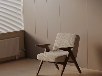 Comfortable Beige Fabric Leisure Chair With Wooden Legs In Modern Living Room 3d model
