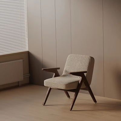 Comfortable Beige Fabric Leisure Chair With Wooden Legs In Modern Living Room 3d model