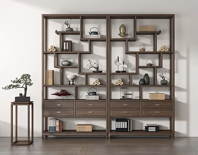 Traditional Chinese Wooden Display Shelf with Multi tiered Drawers and Decorative Figurines Books Boxes 3d model