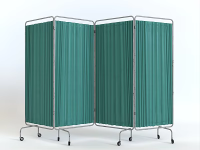 Medical Folding Screen With Green Fabric And Metal Frame On Wheels 3d model