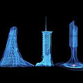 Three Detailed Commercial Equipment 3D Models With Blue Architectural Wireframe Design