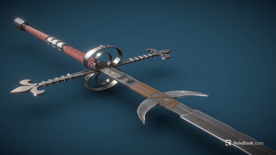 Medieval Sword with Red Wrapped Hilt Silver Cross Guard and Engraved Metal Blade 3d model 