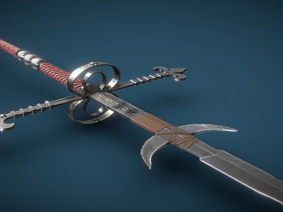Medieval Sword with Red Wrapped Hilt Silver Cross Guard and Engraved Metal Blade 3d model