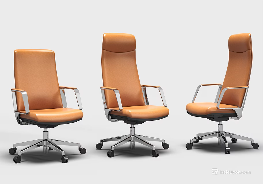 Set of Three Orange Office Chairs with Metal Armrests and Rolling Casters 3d model 