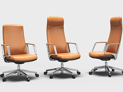 Set of Three Orange Office Chairs with Metal Armrests and Rolling Casters 3d model