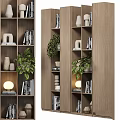 Wooden Storage Shelves With Green Plants Books White Decorative Ornaments And Lamp