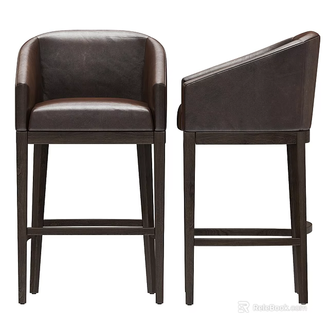 Brown Leather High Back Bar Stools With Wooden Legs And Modern Design 3d model 