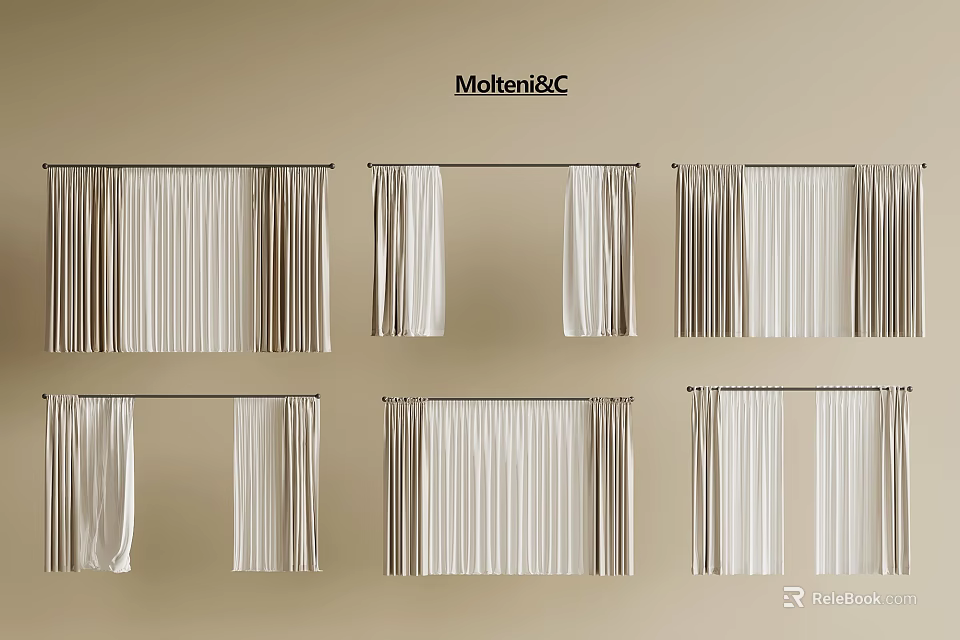 Stylish Window Curtains in Neutral Tones with Various Hanging Styles for Home Decor 3d model 