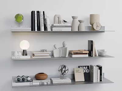 Three Tiered Shelves Featuring Inflatable Models Books Decorative Figurines And Lamps 3d model