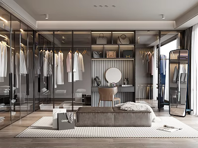 Modern Walk in Closet With Glass Door Cabinets Hanging Clothes Round Mirror And Dressing Chair 3d model