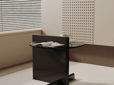 Modern Black Side Table With Glass Top Magazines Near Window Blinds And Decorative Wall 3d model