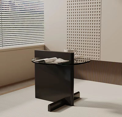 Modern Black Side Table With Glass Top Magazines Near Window Blinds And Decorative Wall 3d model