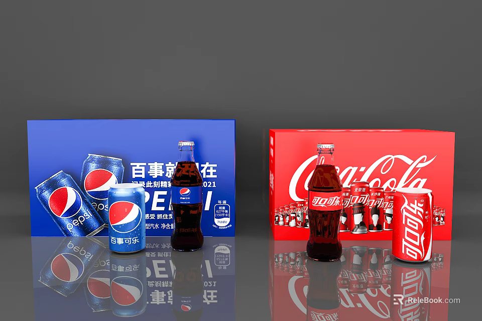 Popular Carbonated Beverages Featuring Pepsi Coca-Cola Bottles Cans And Packaging Boxes 3d model 