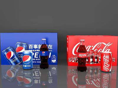 Popular Carbonated Beverages Featuring Pepsi Coca-Cola Bottles Cans And Packaging Boxes 3d model