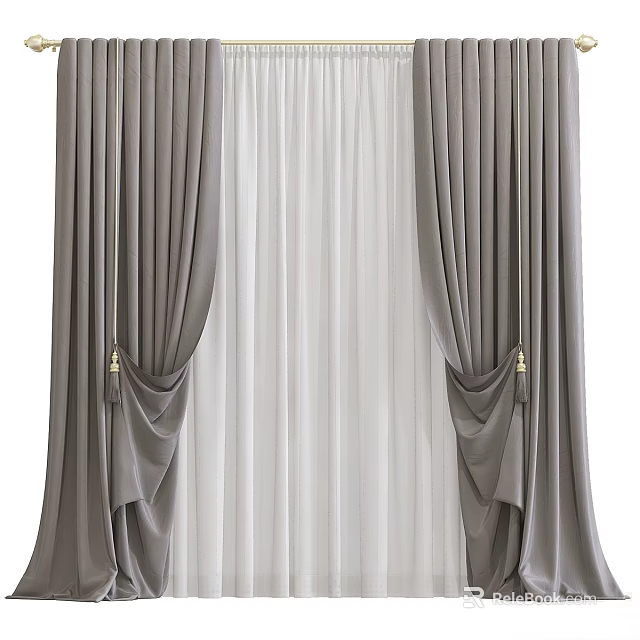 Elegant Gray And White Double Layer Curtains With Tassel Details And Soft Drapery 3d model 