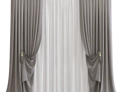 Elegant Gray And White Double Layer Curtains With Tassel Details And Soft Drapery 3d model