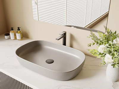Gray Washbasin on Marble Countertop with Mirror Soap Dispensers and White Flowers in Bathroom Interior 3d model