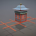 Playground Equipment With Blue Roof Golden Top Red Frame Windows And Support Structure