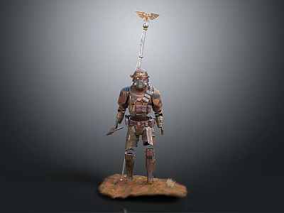 Detailed Medieval Armor Figure Standing With Eagle Ornament Staff On Decorative Base 3d model