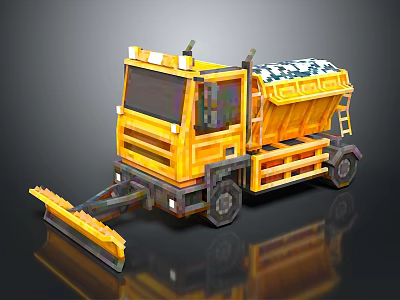 Yellow Construction Truck with Front Snow Plow Bright Warning Lights and Salt Sand Loader 3d model