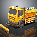 Yellow Construction Truck with Front Snow Plow Bright Warning Lights and Salt Sand Loader