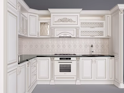 Classical White Kitchen Cabinets With Carved Details Black Countertop And Built In Oven 3d model